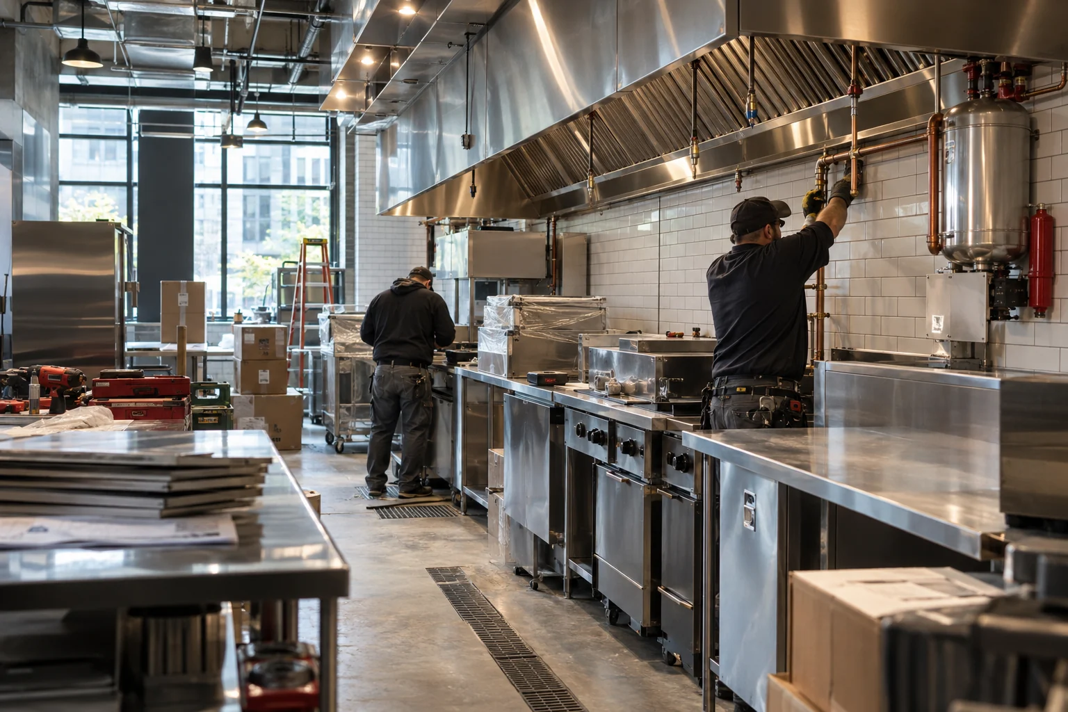 Commercial kitchen equipment being installed in a restaurant