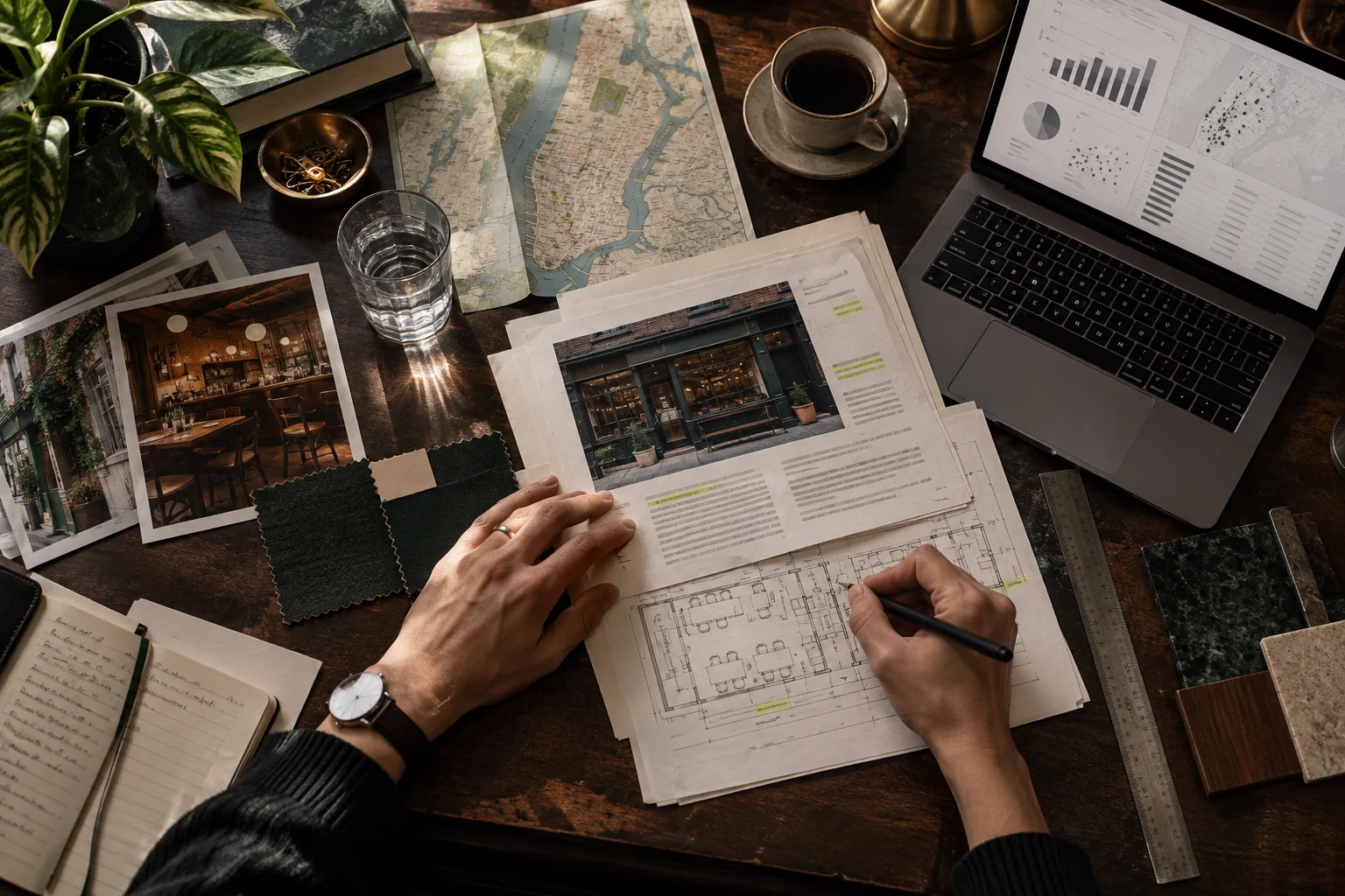 A research desk with a New York City map, building plans, notes and a laptop