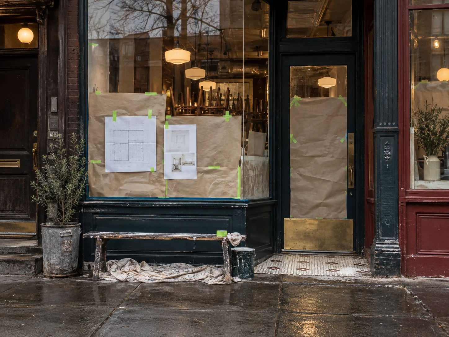 A papered New York City storefront under renovation